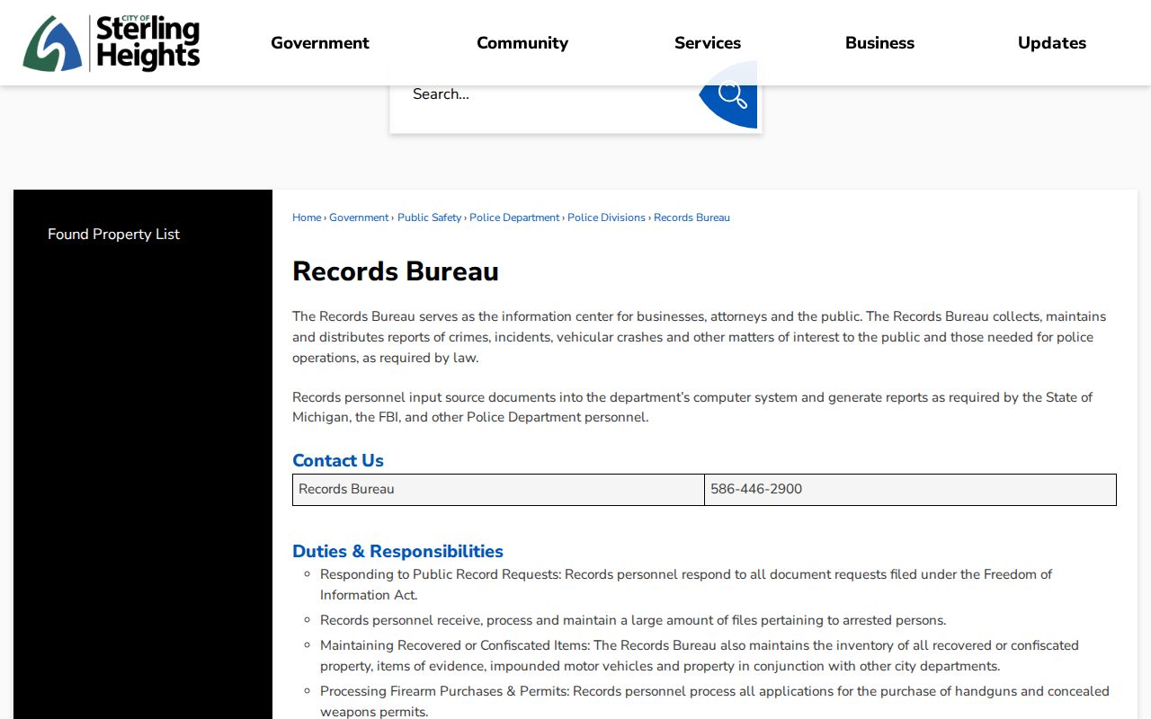 Macomb County Sterling Heights Police Records Bureau local arrest record request information